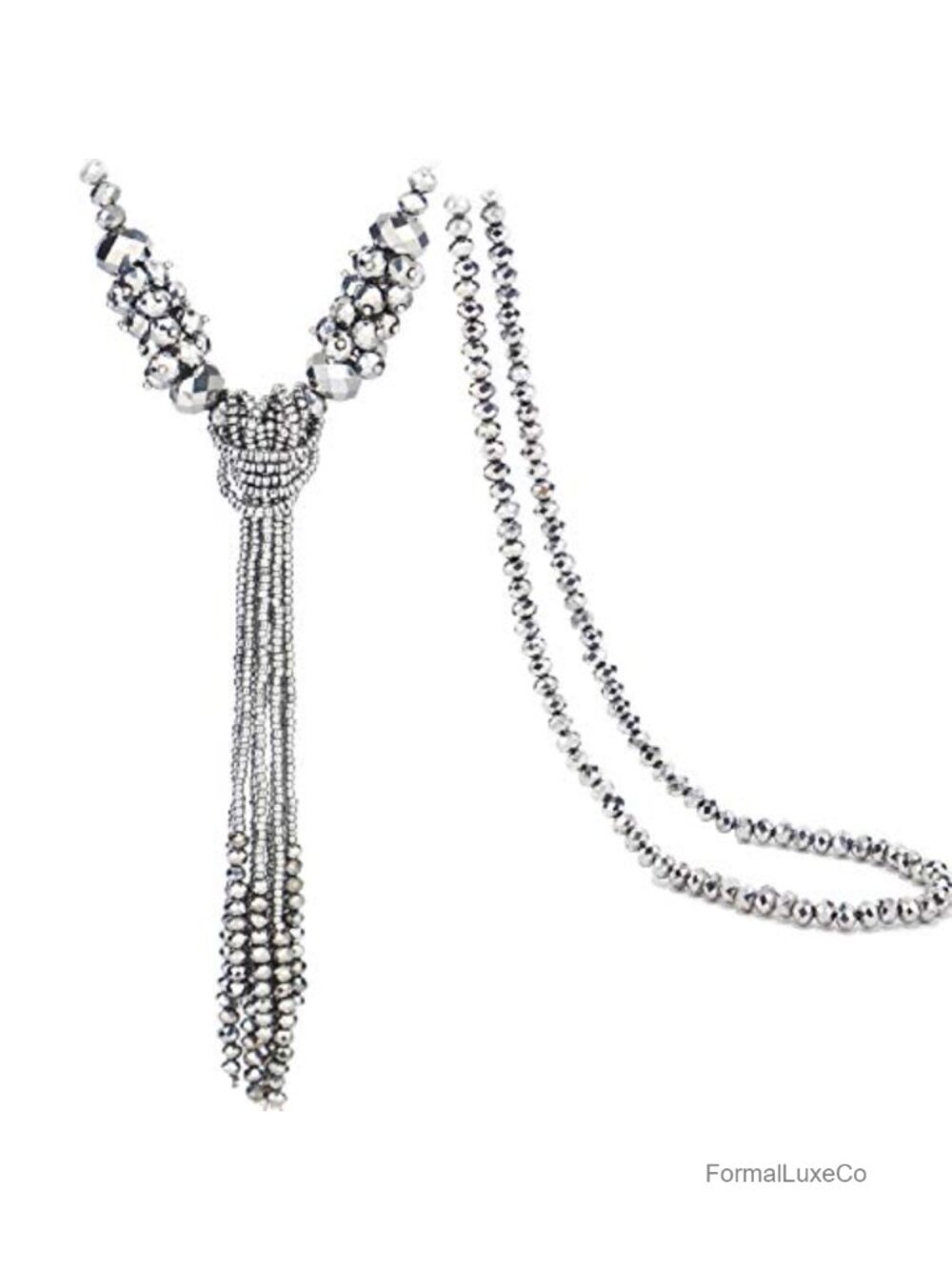 BaubleStar Knot Tassel Beaded Long Necklace Silver Acrylic Jewelry